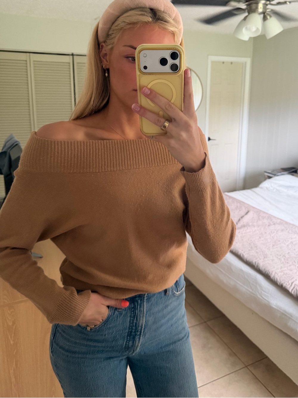 Off-Shoulder Camel Knit Sweater - Women